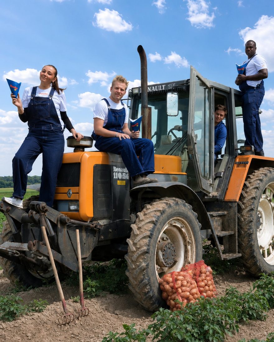 L'équipe Patate et le producteur dans un champ de pommes de terre